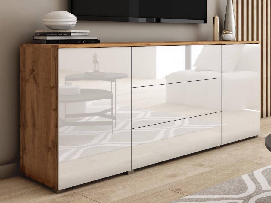 Mobistoxx Dressoir PARLO 2 deuren 3 lades wotan eik hoogglans wit