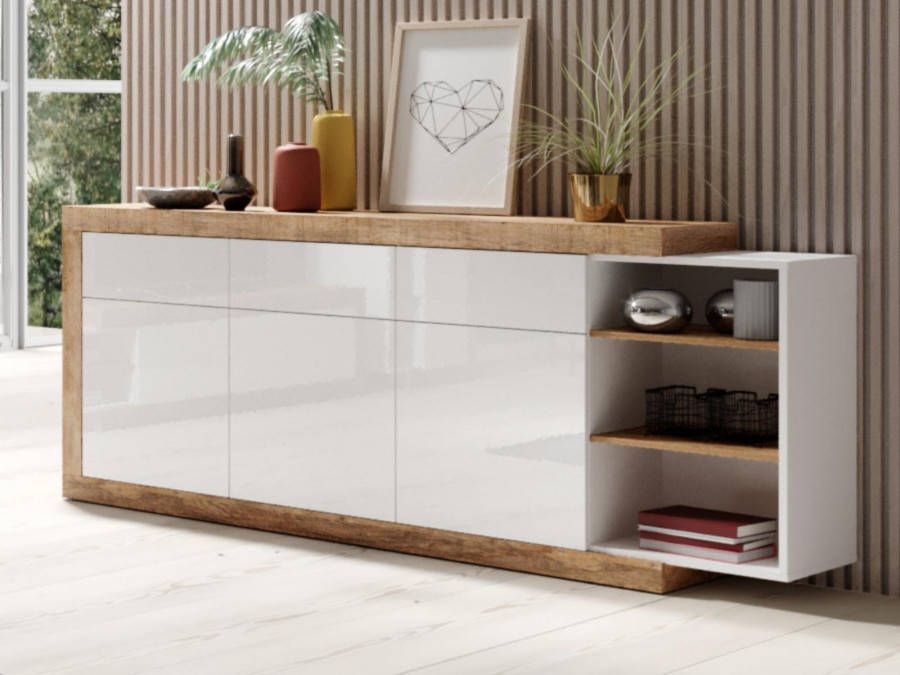 Mobistoxx Dressoir SINO 3 deuren 3 lades eik hoogglans wit