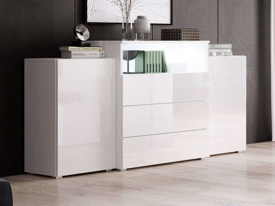 Mobistoxx Dressoir URBY 2 deuren 3 lades hoogglans wit wit met led