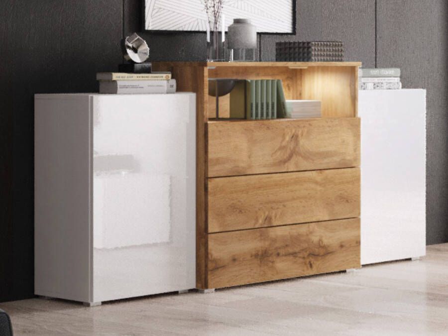 Mobistoxx Dressoir URBY 2 deuren 3 lades wotan eik hoogglans wit