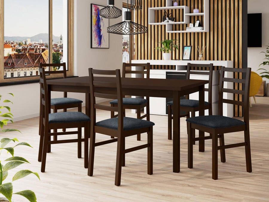 Mobistoxx Eetafel ALMANAC 160>200 cm bruin met 6 stoelen en kussens grijs