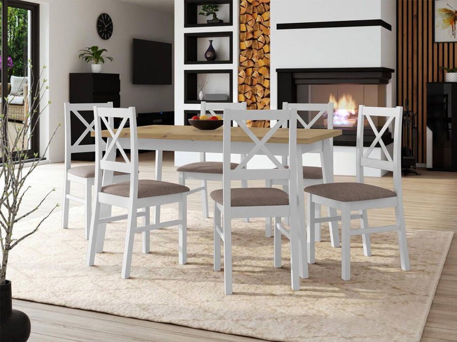 Mobistoxx Eettafel ALEZY 140>180 cm wit met 6 stoelen en taupe kussens