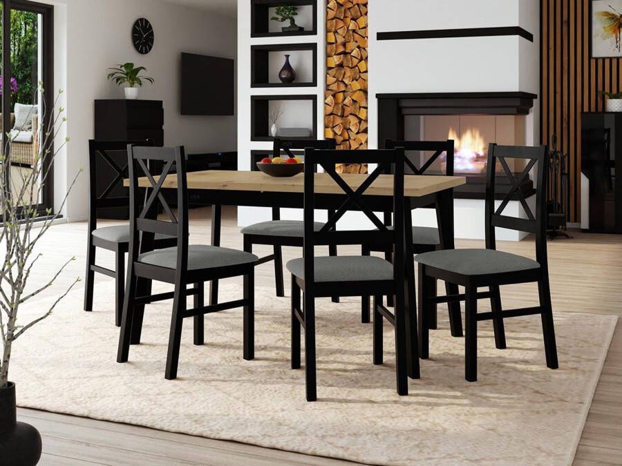 Mobistoxx Eettafel ALEZY 140>180 cm zwart met 6 stoelen en grijze kussens
