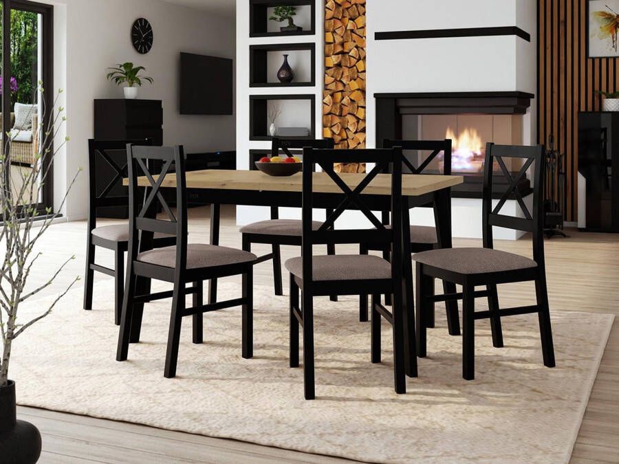 Mobistoxx Eettafel ALEZY 140>180 cm zwart met 6 stoelen en taupe kussens
