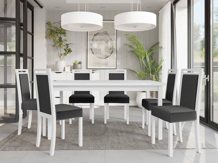 Mobistoxx Eettafel ALF 160>200 cm wit met 6 stoelen en grijze kussens