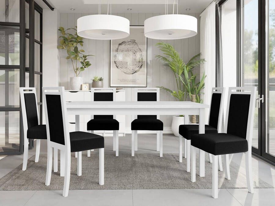 Mobistoxx Eettafel ALF 160>200 cm wit met 6 stoelen en zwarte kussens