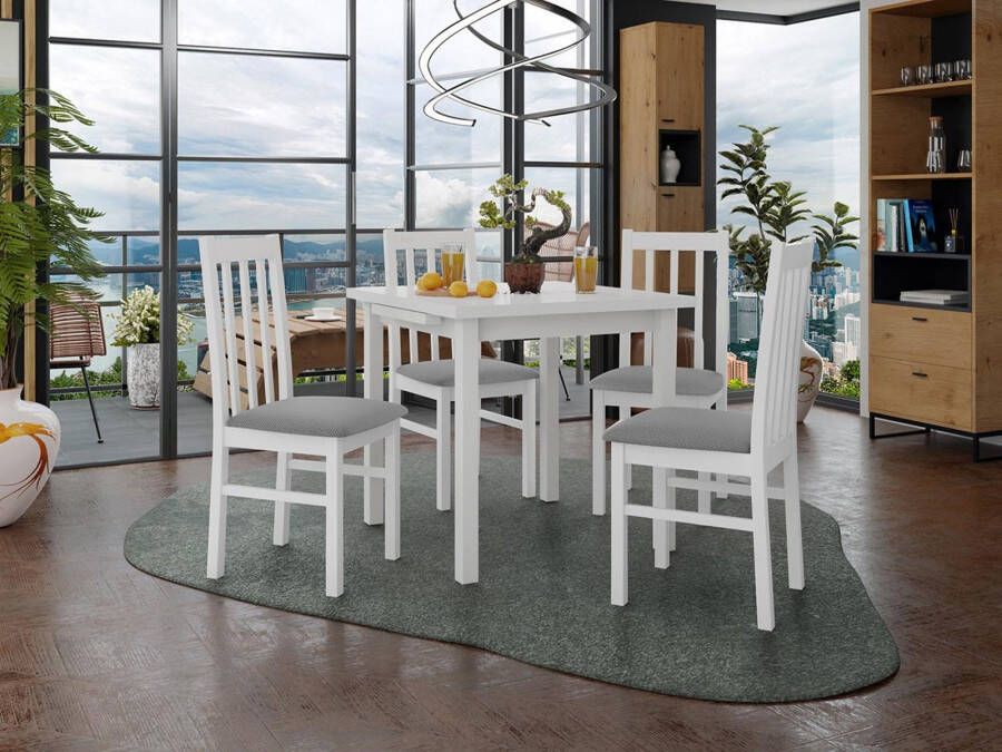 Mobistoxx Eettafel ALITORA 80>110 cm wit met 4 stoelen en grijze kussens