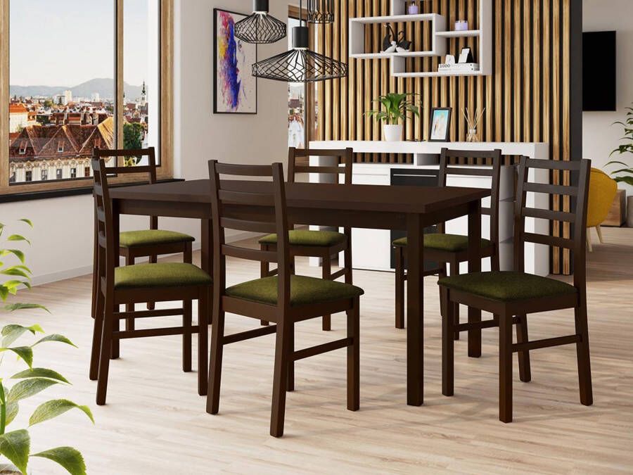 Mobistoxx Eettafel ALMANAC 160>200 cm bruin met 6 stoelen en kussens groen