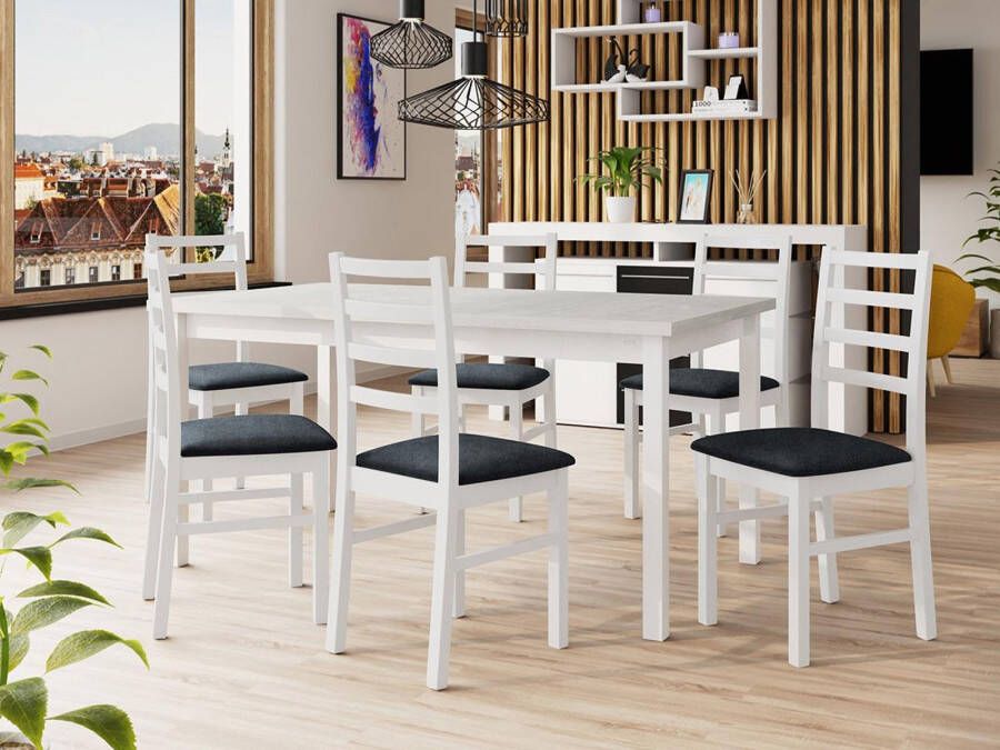 Mobistoxx Eettafel ALMANAC 160>200 cm wit met 6 stoelen en kussens grijs
