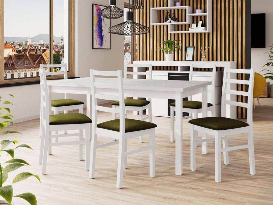 Mobistoxx Eettafel ALMANAC 160>200 cm wit met 6 stoelen en kussens groen