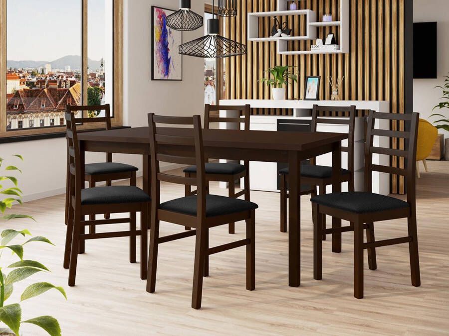 Mobistoxx Eettafel ALMATA 160>200 cm bruin met 6 stoelen en kussens zwart