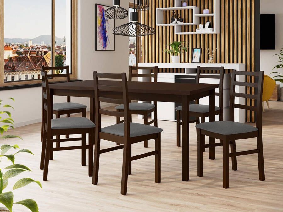 Mobistoxx Eettafel ALMATA 160>200 cm bruin met 6 stoelen met kussens grijs