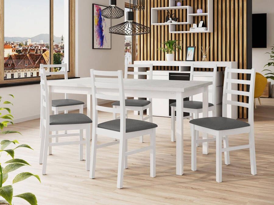 Mobistoxx Eettafel ALMATA 160>200 cm wit met 6 stoelen en kussens grijs