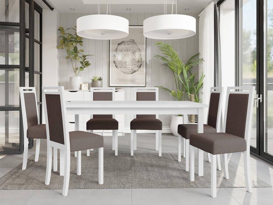 Mobistoxx Eettafel ALOAPA 160>200 cm wit met 6 stoelen en grijze kussens