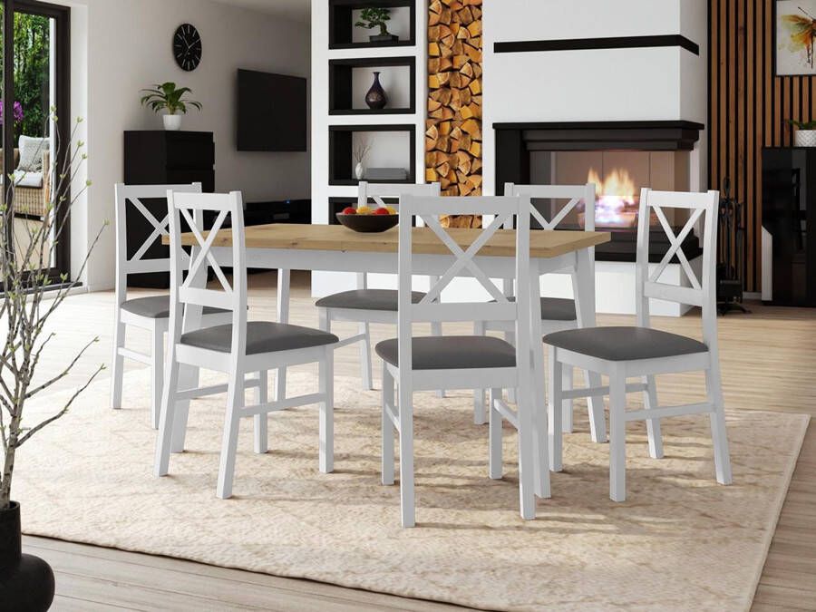 Mobistoxx Eettafel ALONSO 140>180 cm wit met 6 stoelen en grijze kussens