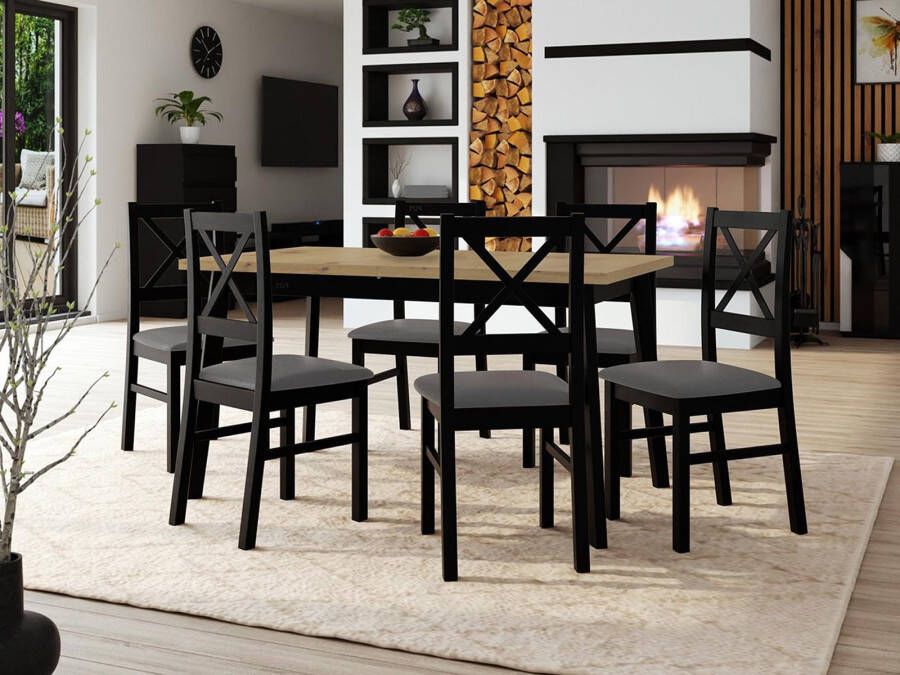 Mobistoxx Eettafel ALONSO 140>180 cm zwart met 6 stoelen en grijze kussens