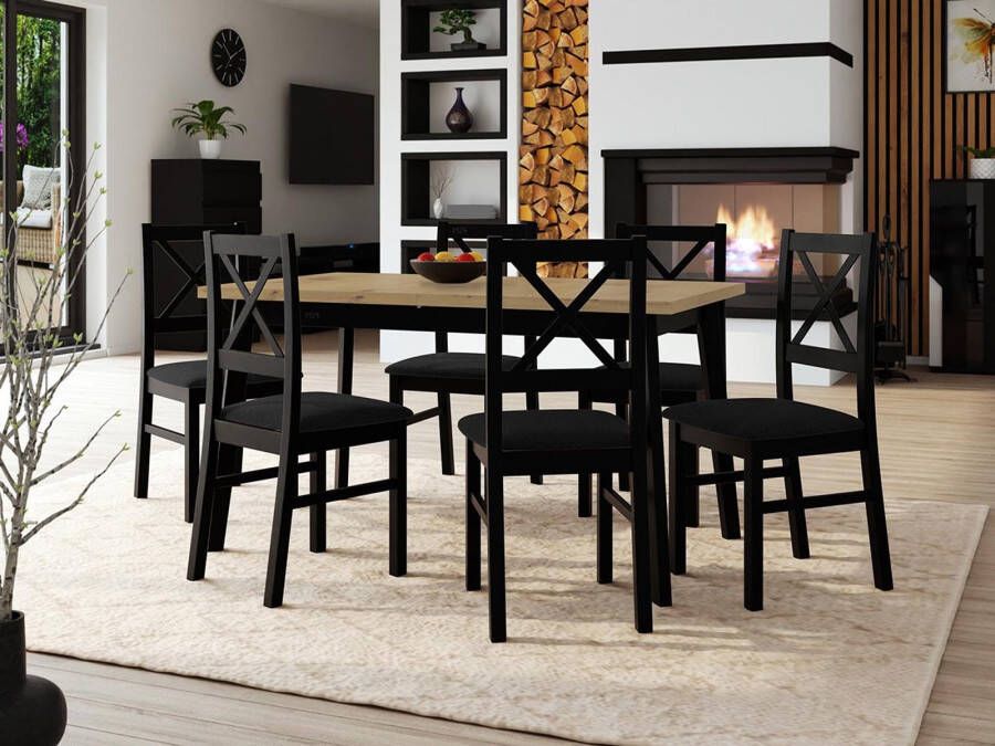 Mobistoxx Eettafel ALONSO 140>180 cm zwart met 6 stoelen en zwarte kussens