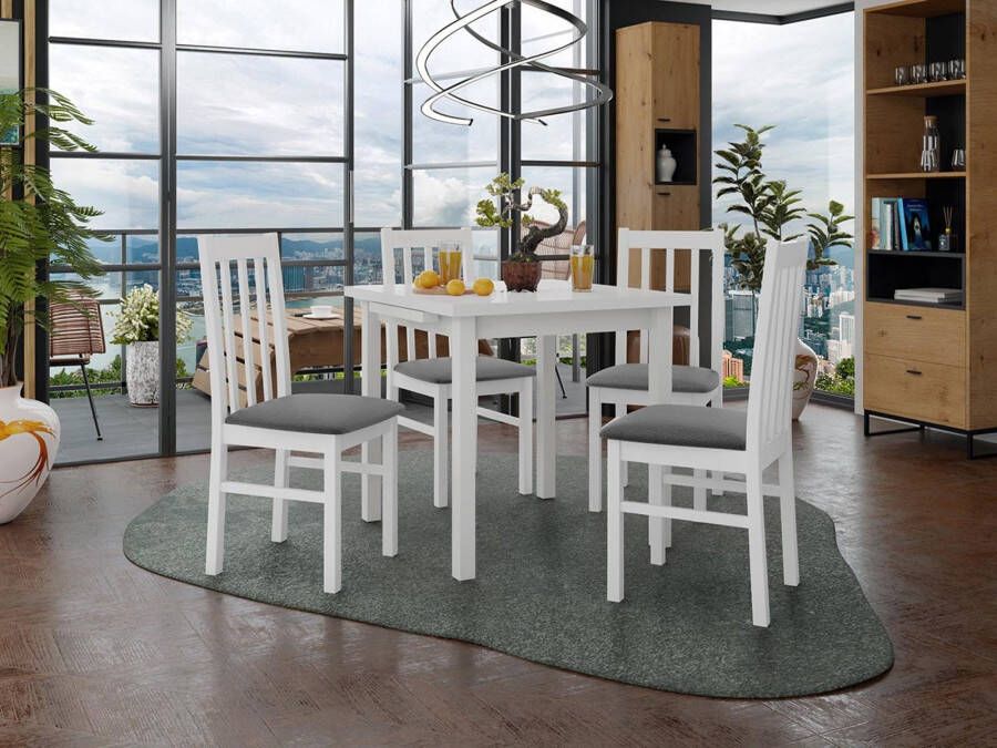 Mobistoxx Eettafel AMENO 80>110 cm wit met 4 stoelen en grijze kussens