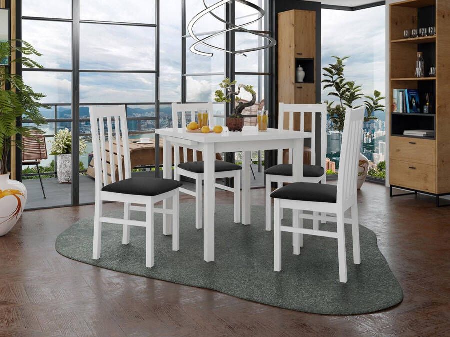 Mobistoxx Eettafel AMENO 80>110 cm wit met 4 stoelen en zwarte kussens