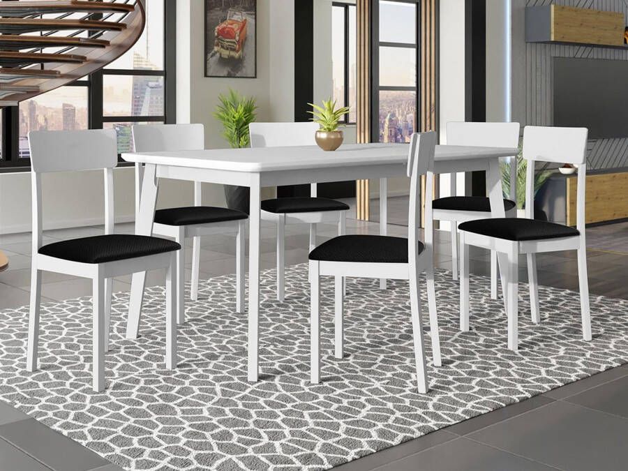 Mobistoxx Eettafel HENRY 160>200 cm wit met 6 stoelen en zwarte kussens