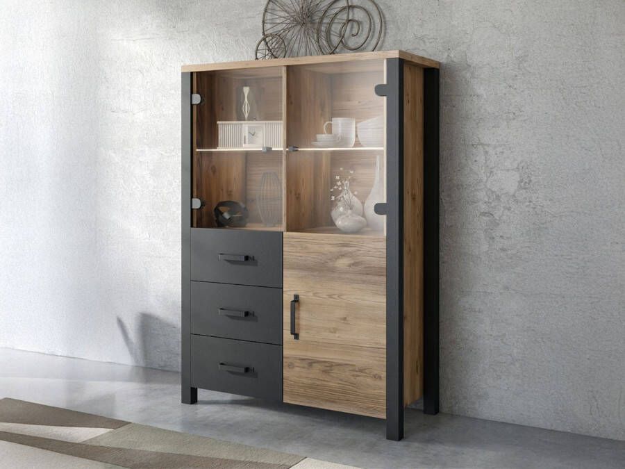 Mobistoxx Hoge commode OLIANNE 3 deuren 3 lades appenzeller sparren zwart