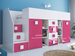 Mobistoxx Hoogslaper TOGO 90x200 cm wit hoogglans roze met trap aan de linkerkant