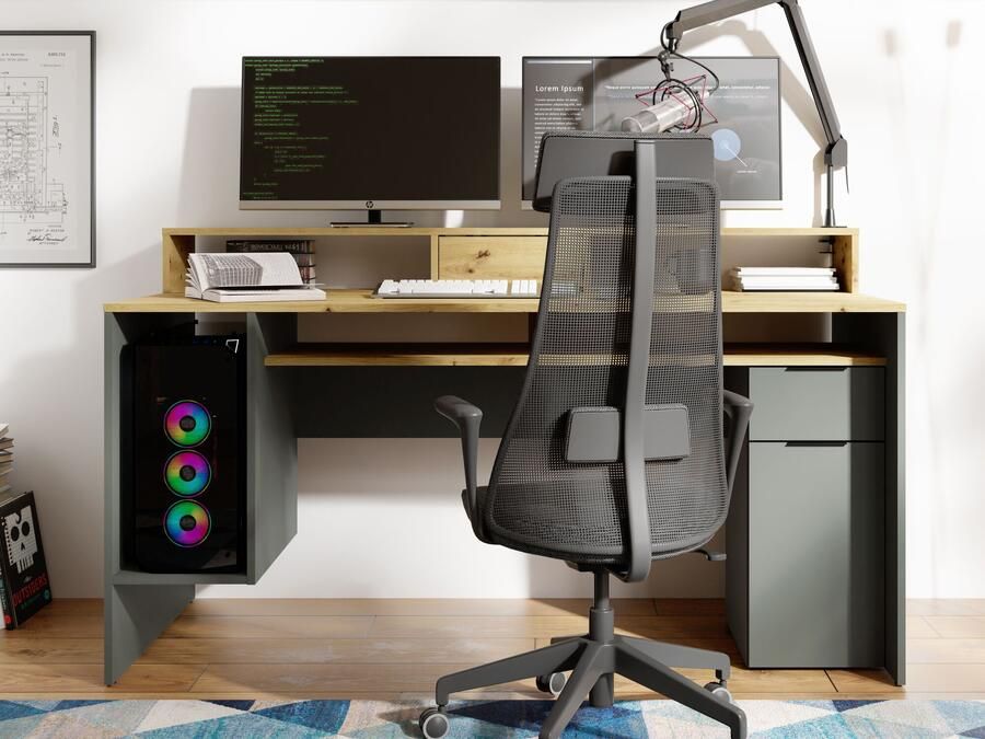 Mobistoxx Bureau REXTREME 1 deur 2 lades antraciet artisan eik