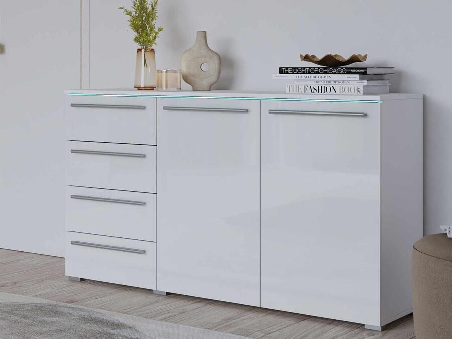 Mobistoxx Commode INDIRA 2 deuren 4 lades wit glanzend wit met led