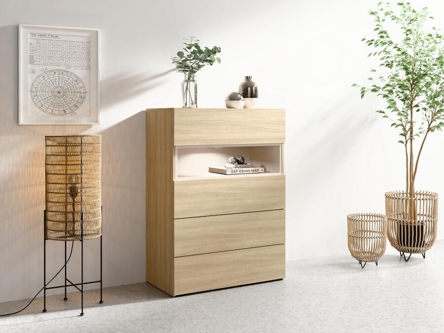 Mobistoxx Commode VILLANOVA 4 lades barista eik met LED