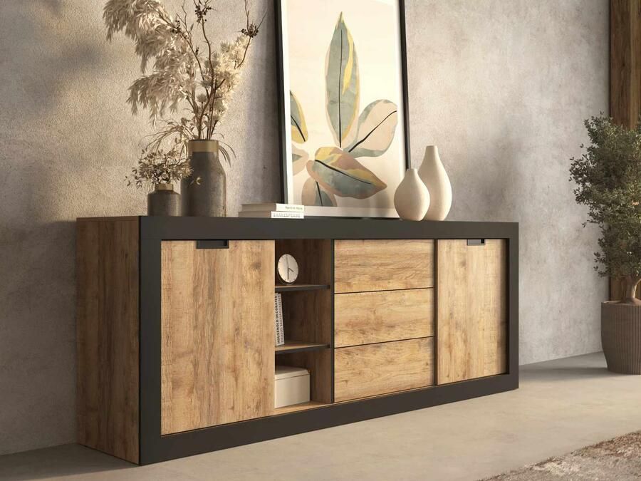 Mobistoxx Dressoir TUDORO 2 deuren 3 lades samdal eik mat zwart