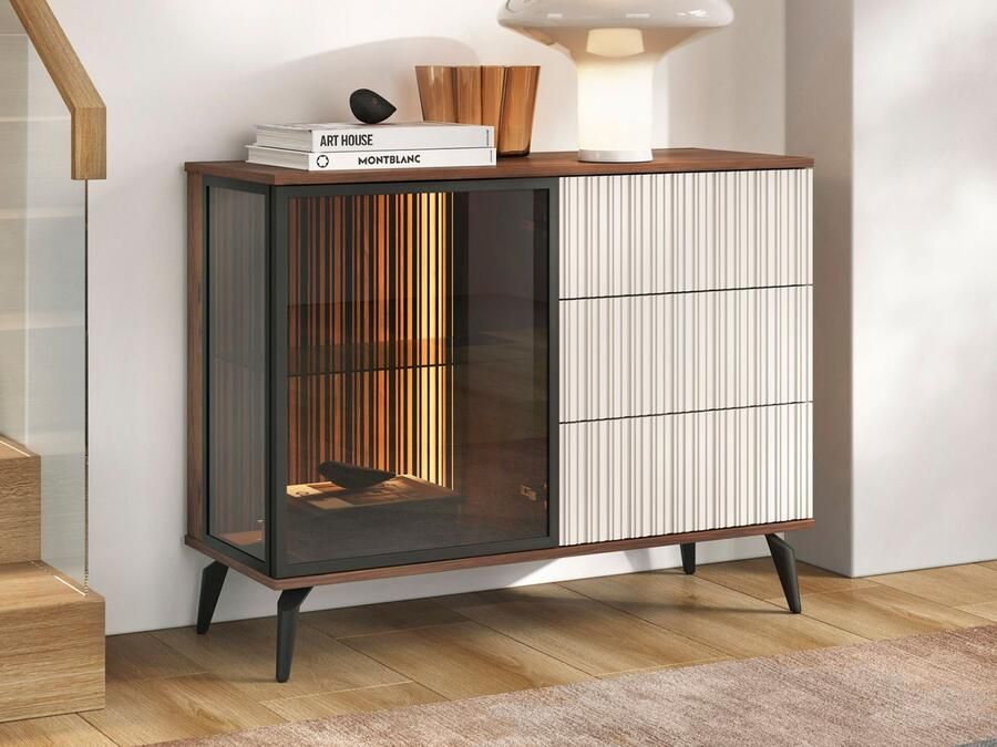Mobistoxx Dressoir VENRUTA 1 deur 3 lades warmia walnoot kasjmier met led