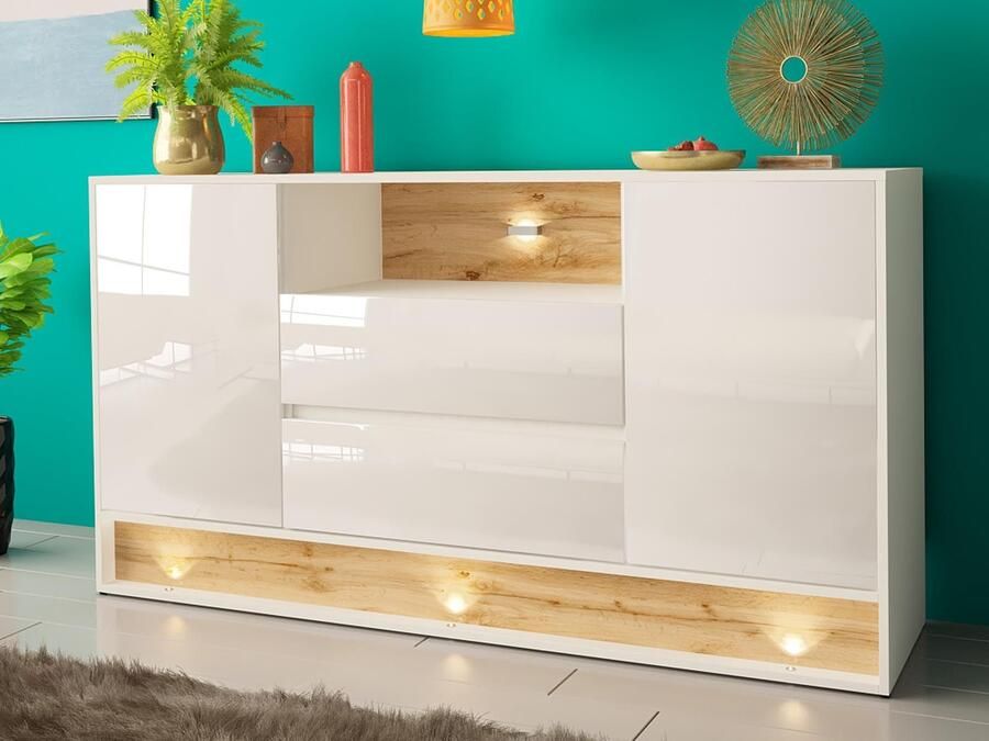 Mobistoxx Dressoir VISION 2 deuren 2 lades eik hoogglans wit