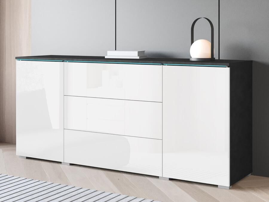 Mobistoxx Dressoir VITTORIO 2 deuren 3 lades grafiet hoogglans wit met led