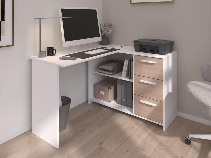 Mobistoxx Hoekbureau INFINITY 3 lades wit jackson eik