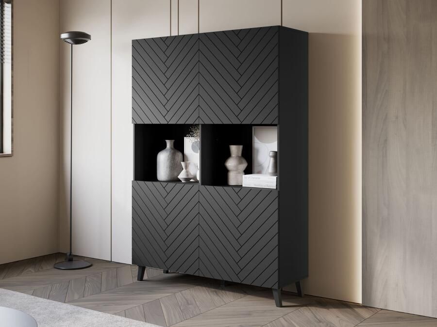 Mobistoxx Hoge commode FUKETTE 4 deuren 120 cm grafiet zwart