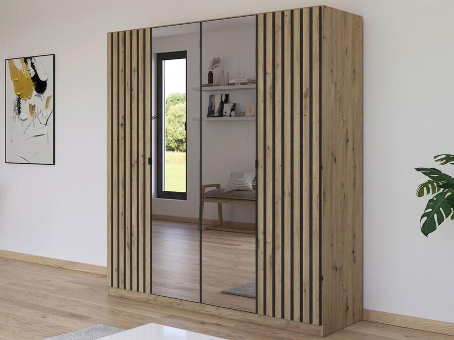 Mobistoxx Kledingkast GONAMU 4 deuren artisan eik metaalgrijs met spiegel
