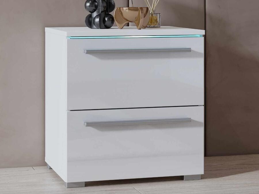 Mobistoxx Nachtkastje INDIRA 2 lades wit glanzend wit met led