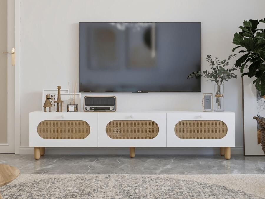 Mobistoxx Tv-meubel ELEMA 3 deuren wit met rotan