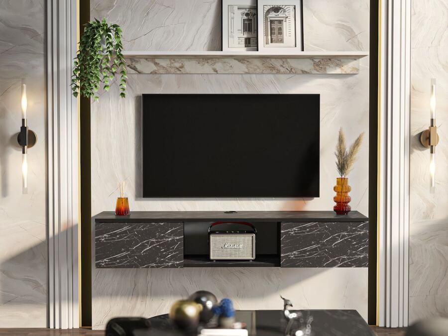 Mobistoxx Tv-meubel met wandplank ELIAME 2 deuren marmer zwart
