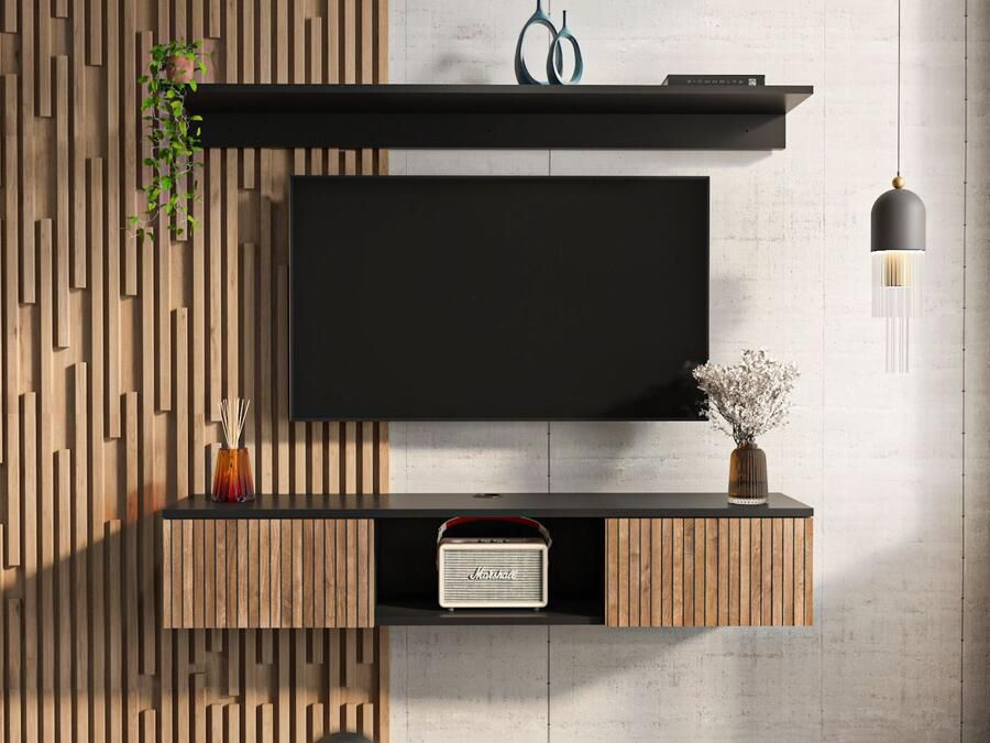 Mobistoxx Tv-meubel met wandplank ELIAME 2 deuren walnoot zwart