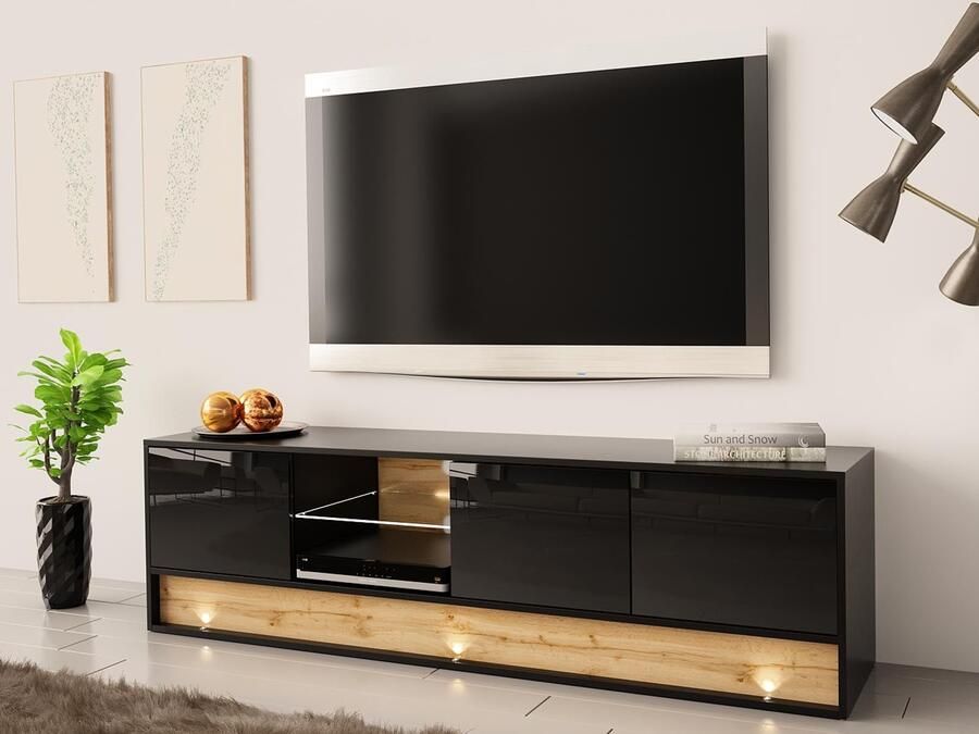 Mobistoxx Tv-meubel VISION 3 deuren 2 vakken eik hoogglans zwart