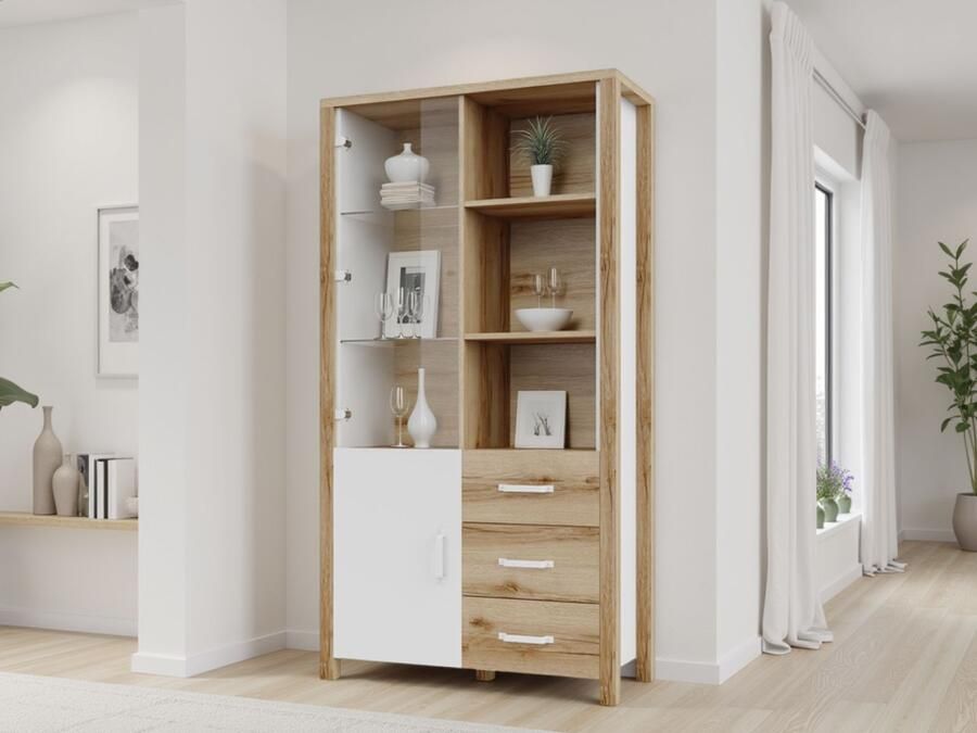 Mobistoxx Vitrinekast OLIANNE 2 deuren 3 lades natuurlijke eik wit