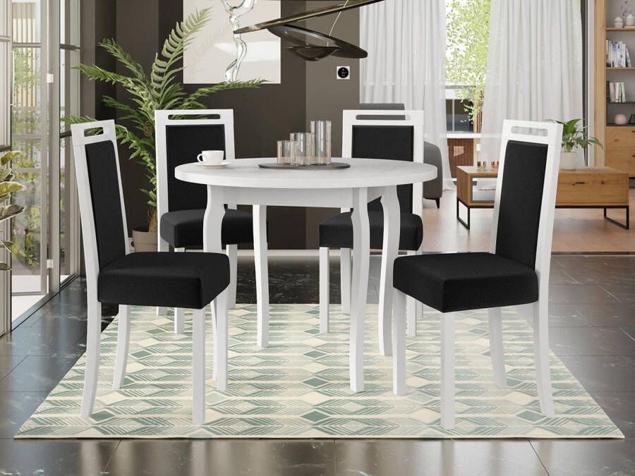 Mobistoxx Ronde eettafel ALOIS Ø100 cm wit met 4 stoelen en zwarte kussens