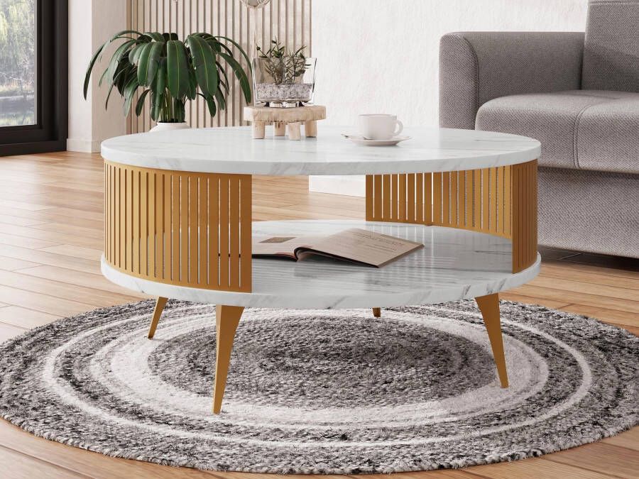 Mobistoxx Ronde salontafel MOZARTO ⌀75 cm goud marmer wit