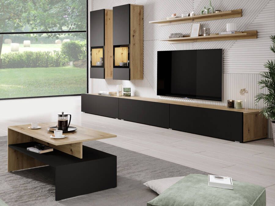 Mobistoxx Tv-meubel set BABEL 5 deuren eik artisan zwart met led met salontafel