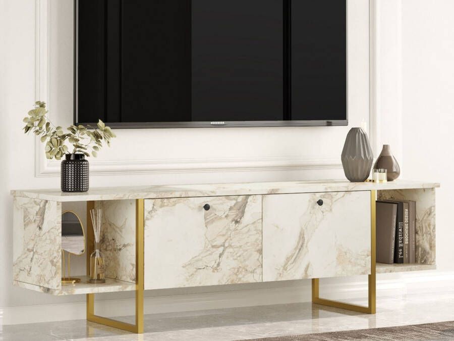 Mobistoxx Tv-meubel VINCENZO 2 deuren marmer wit goud