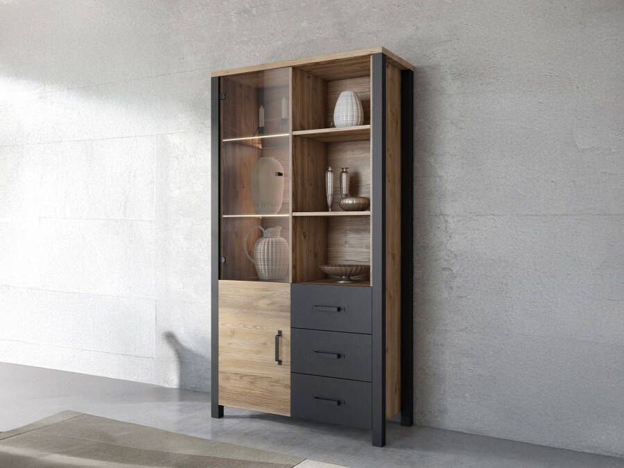 Mobistoxx Vitrinekast OLIANNE 2 deuren 3 lades appenzeller sparren zwart