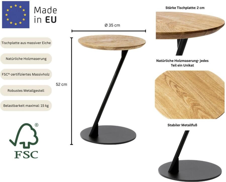 Andas Salontafel Kurikka Salontafel tafelblad van massief eiken frame van metaal