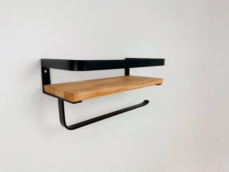 Andas Wandplank Grosny van metaal met legplank van massief eiken