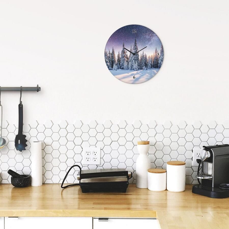 Artland Wandklok Glazen klok rond dennenbos in de sneeuw